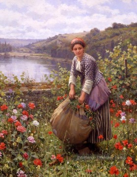  chevalier tableaux - La paysanne de la pelouse Daniel Ridgway Knight Fleurs impressionnistes